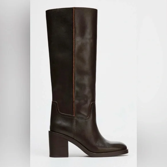 Zara | Shoes | Nwt Zara Wide Heeled Leather Boots Chocolate  display picture 3
